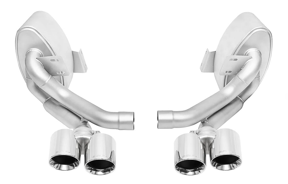 Soul performance side muffler exhaust with polished tips for Porsche on a white background.