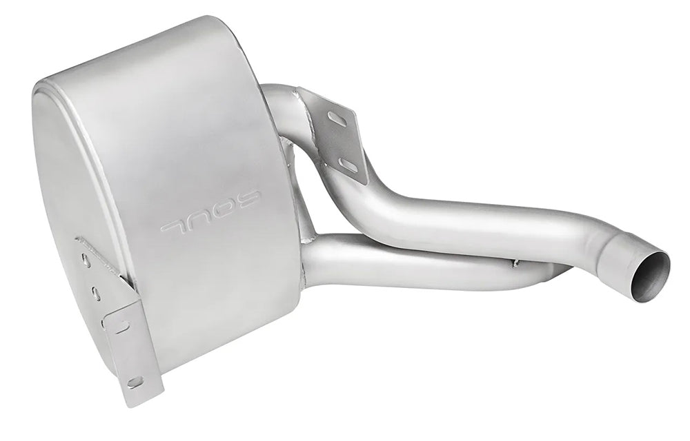 Soul performance side muffler for Porsche on a white background.