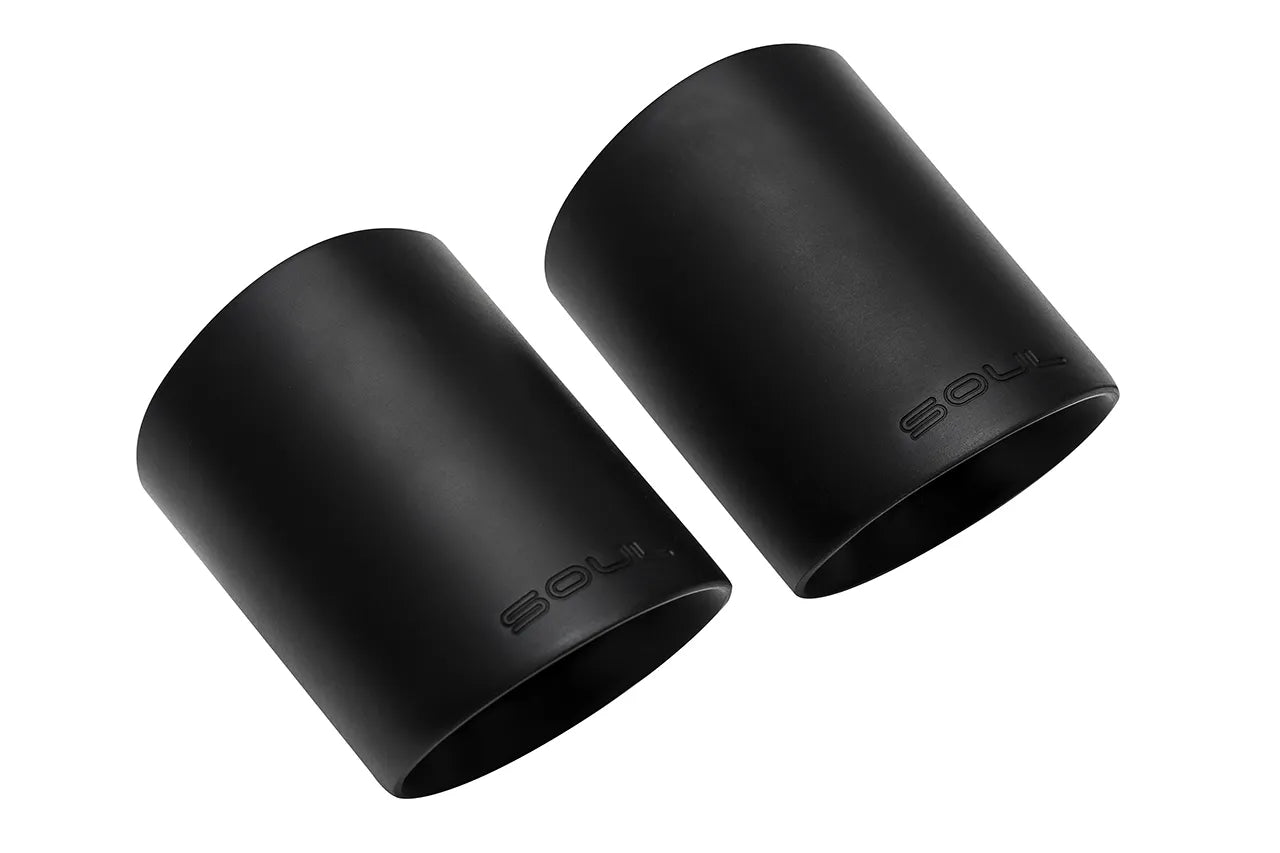 Soul Performance double wall exhaust tips in black for Porsche on a white background.