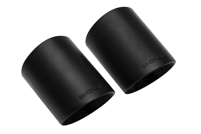 Soul Performance double wall exhaust tips in black for Porsche on a white background.