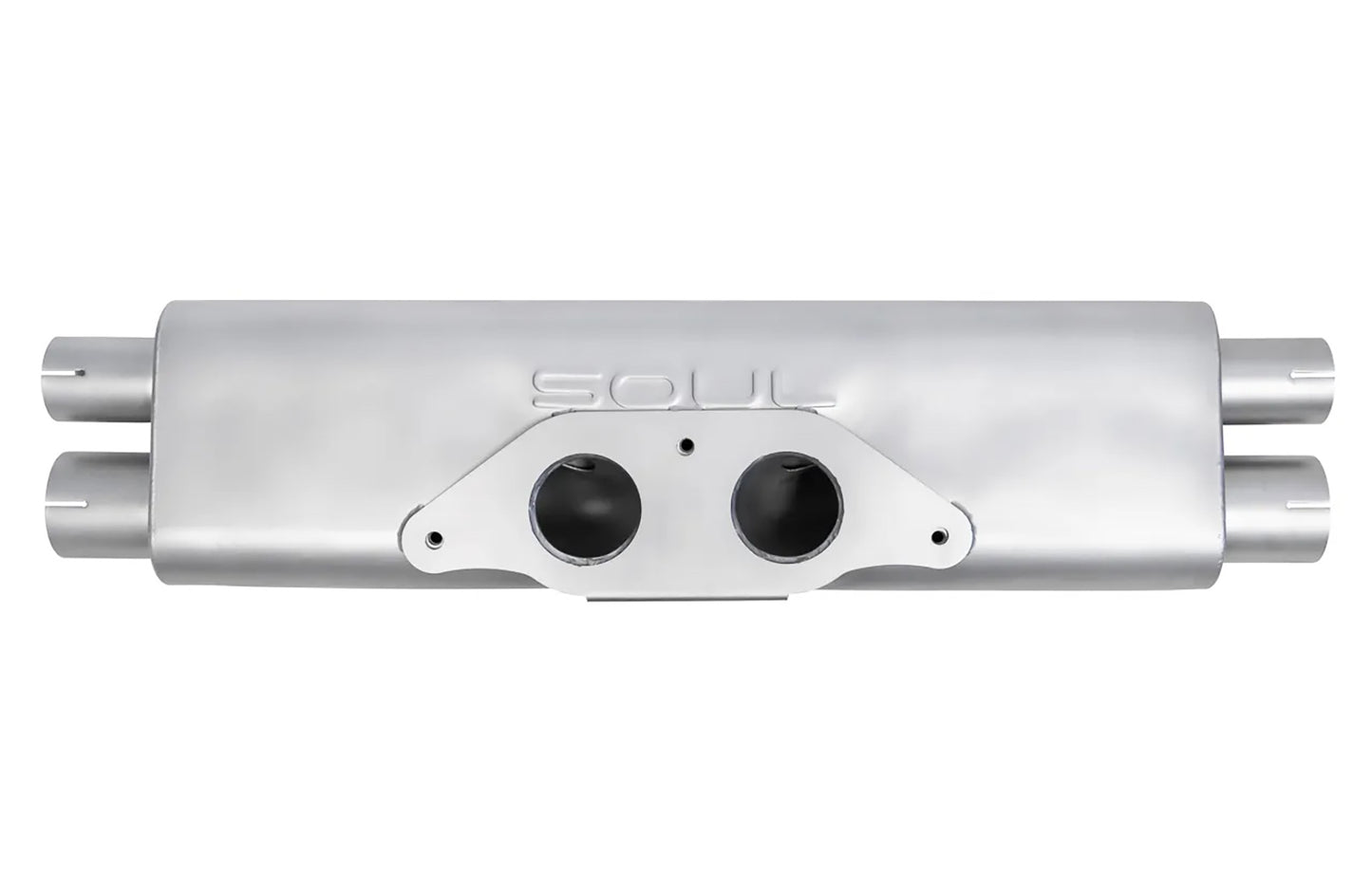Soul Performance center muffler section in silver for Porsche 911 GT3 on a white background.