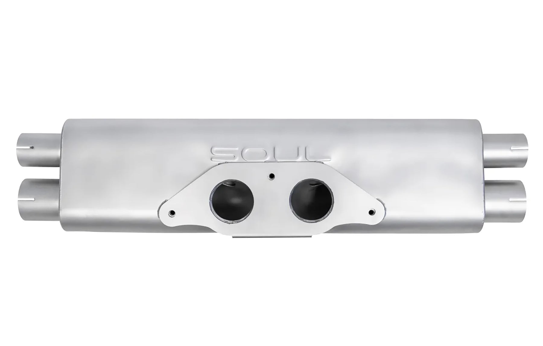 Soul Performance center muffler section in silver for Porsche 911 GT3 on a white background.