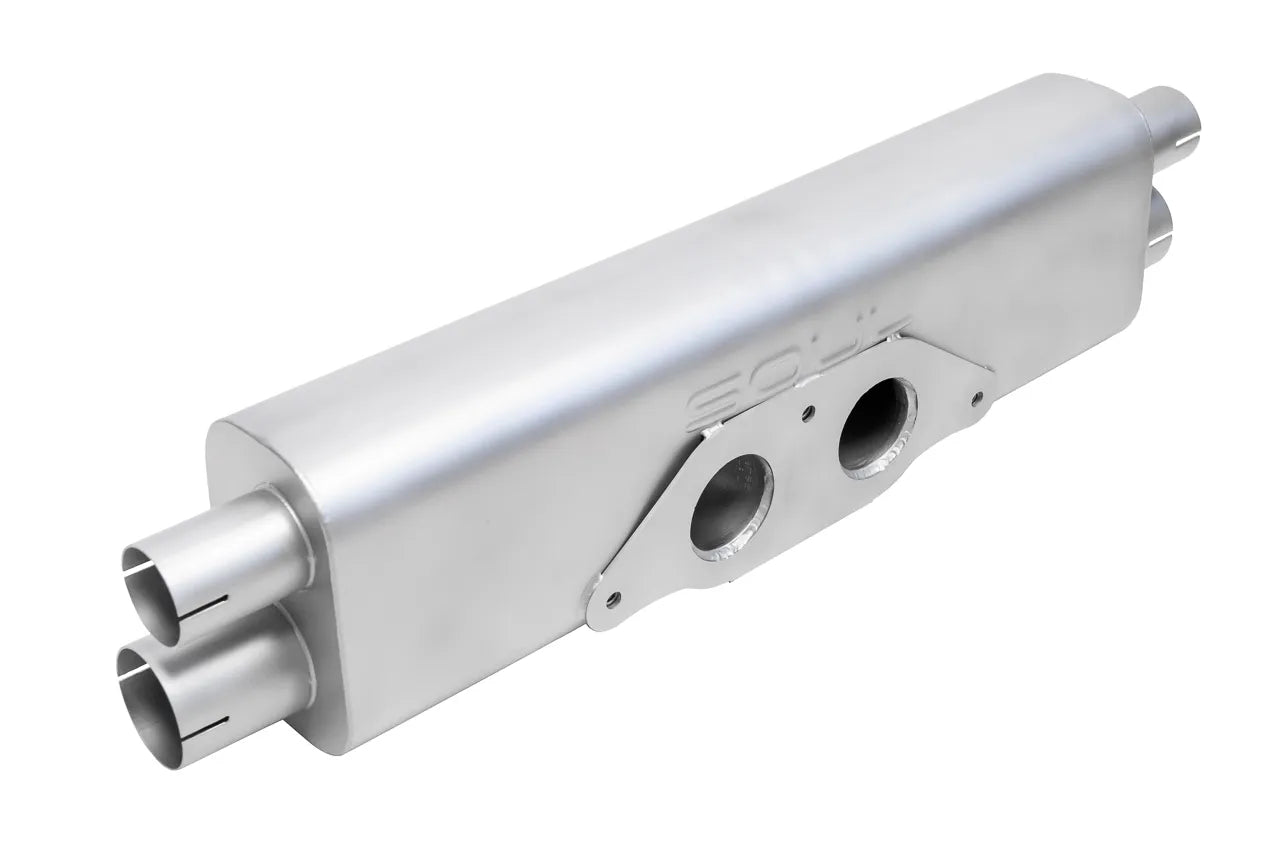 Soul Performance center muffler section in silver for Porsche 911 GT3 on a white background.