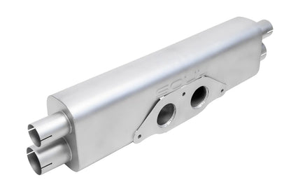 Soul Performance center muffler section in silver for Porsche 911 GT3 on a white background.