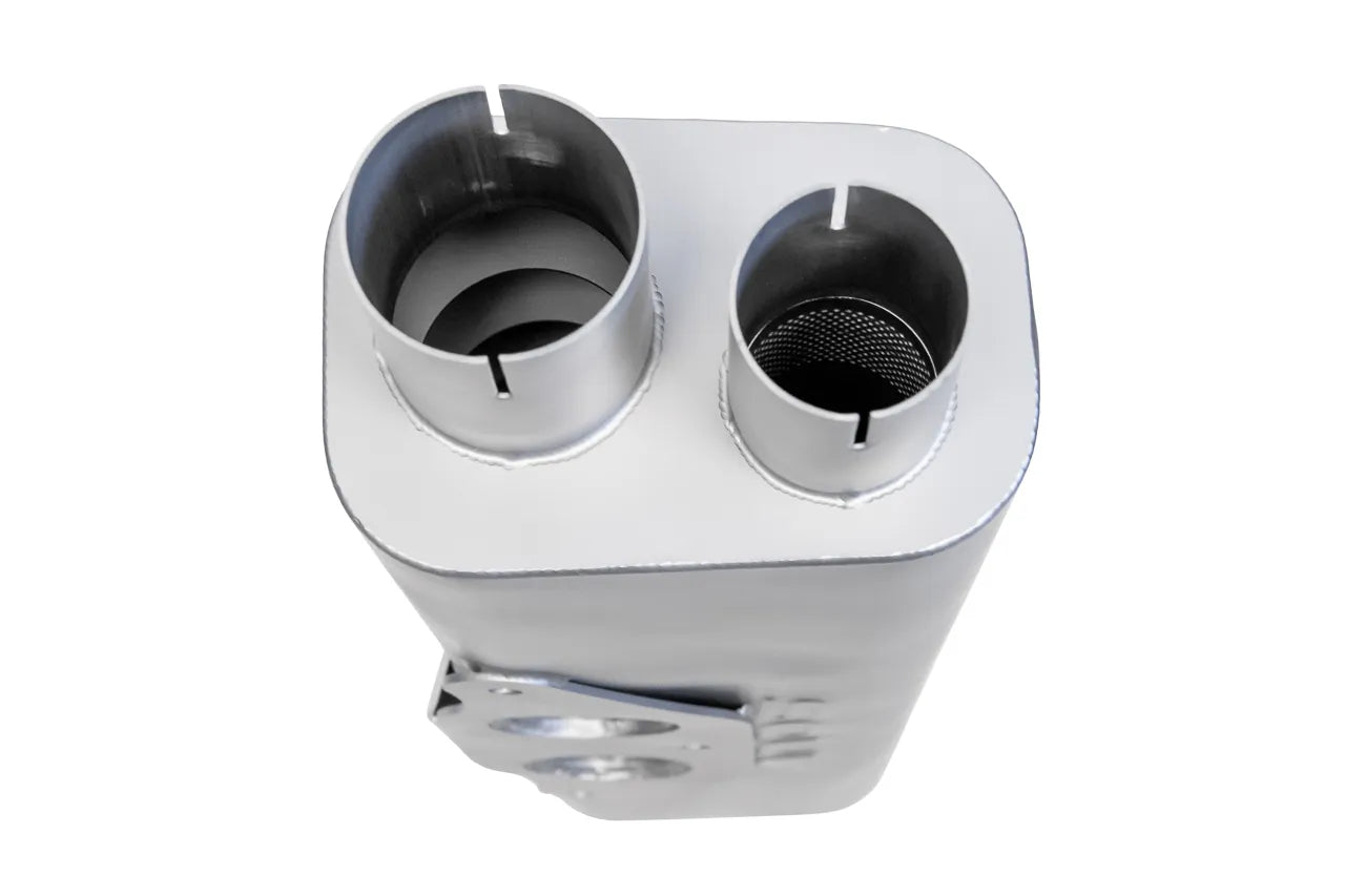 Close up of inlet and outlet Soul Performance center muffler pipes in silver for Porsche 911 GT3 on a white background.