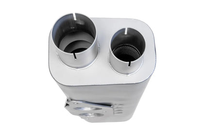 Close up of inlet and outlet Soul Performance center muffler pipes in silver for Porsche 911 GT3 on a white background.
