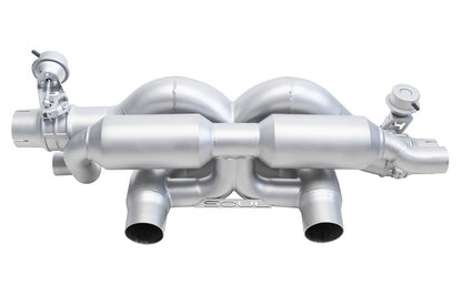 Soul Performance valved x-pipe exhaust system for Porsche 991.2 with PSE on a white background.