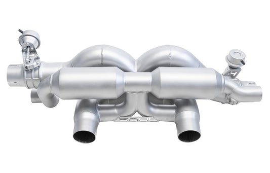 Soul Performance valved x-pipe exhaust system for Porsche 991.2 with PSE on a white background.