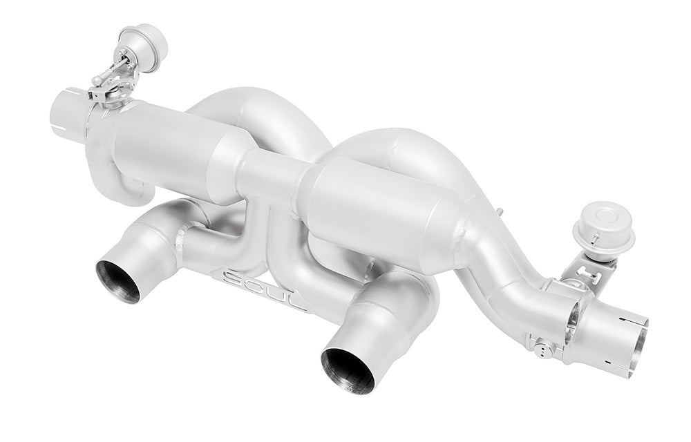 Overhead view of Soul Performance valved x-pipe exhaust system for Porsche 991.2 with PSE on a white background.