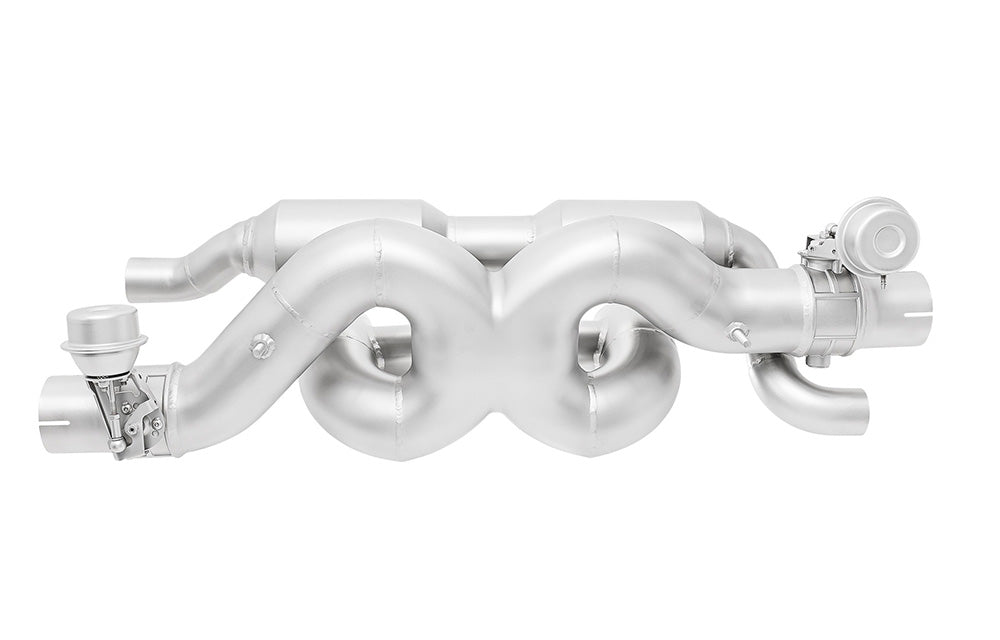 Backside of Soul Performance valved x-pipe exhaust system for Porsche 991.2 with PSE on a white background.