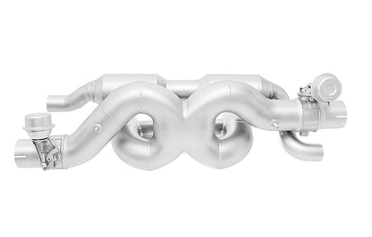 Backside of Soul Performance valved x-pipe exhaust system for Porsche 991.2 with PSE on a white background.