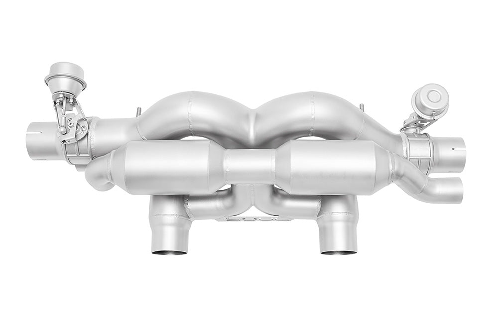Top view of Soul Performance valved x-pipe exhaust system for Porsche 991.2 with PSE on a white background.