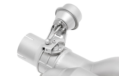 Detail of valve component on Soul Performance valved x-pipe exhaust system for Porsche 991.2 with PSE on a white background.
