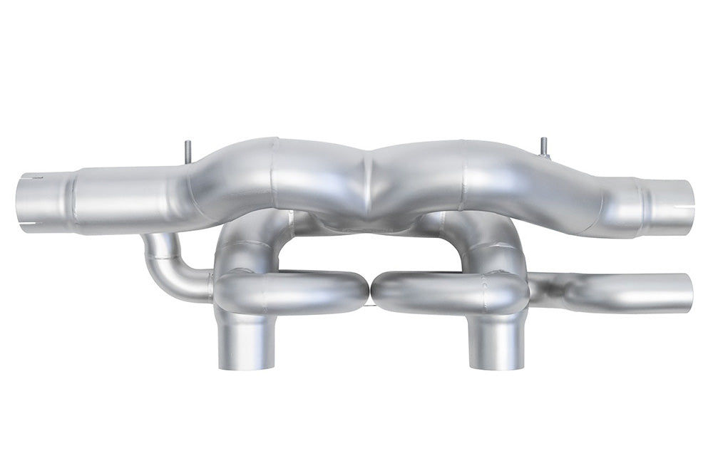Overhead view of Soul Performance X-Pipe exhaust for Porsche 991.2 on a white background.