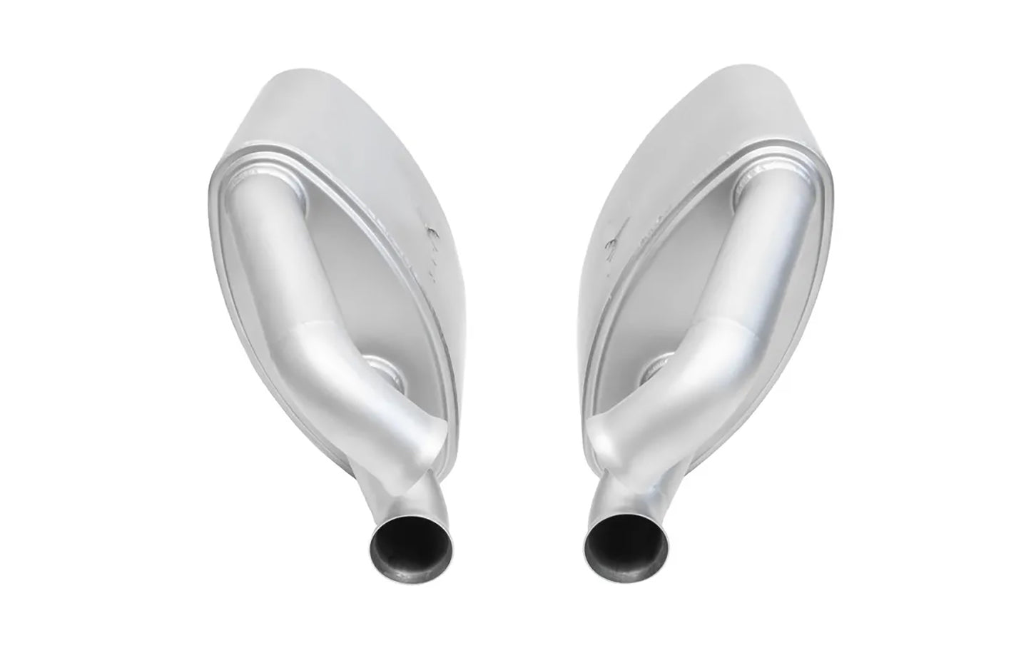 Pair of Soul Performance side sport mufflers in silver for Porsche 993 Carrera on a white background.