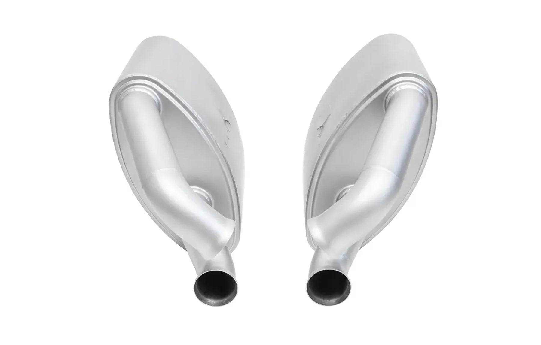 Pair of Soul Performance side sport mufflers in silver for Porsche 993 Carrera on a white background.