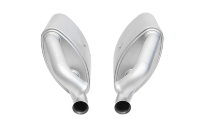 Pair of Soul Performance side sport mufflers in silver for Porsche 993 Carrera on a white background.