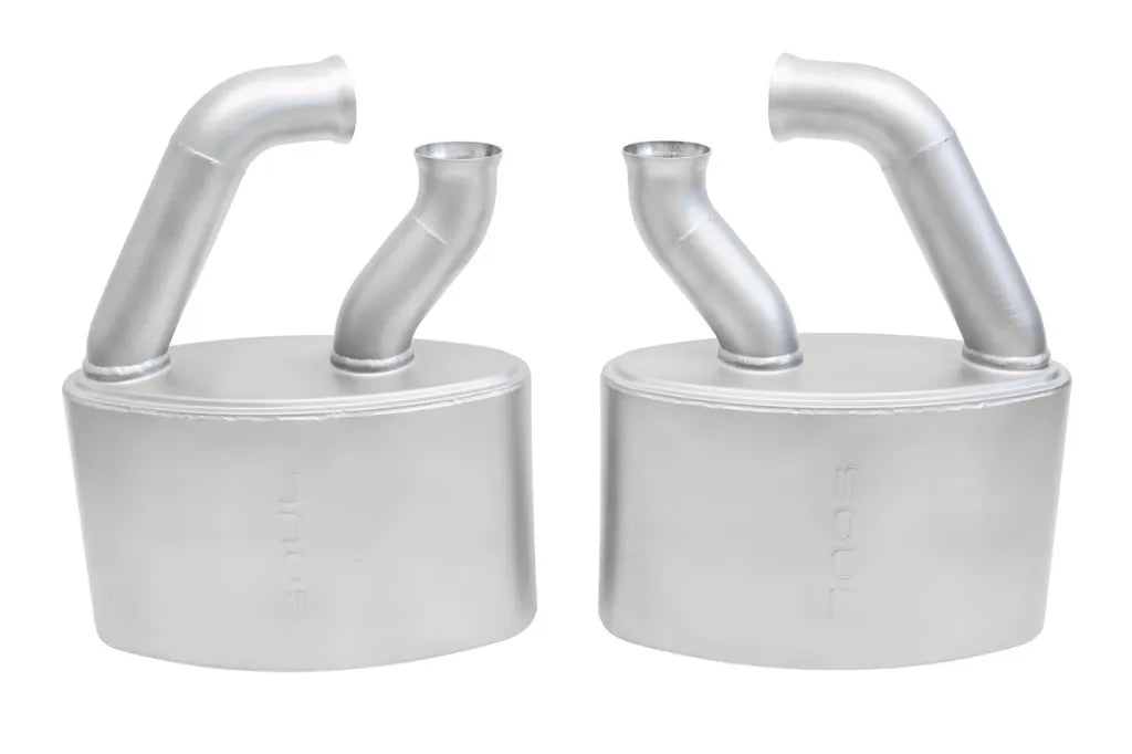 Pair of Soul Performance sport mufflers in silver with Soul logo for Porsche 993 Carrera on white background.
