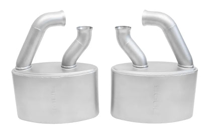 Pair of Soul Performance sport mufflers in silver with Soul logo for Porsche 993 Carrera on white background.