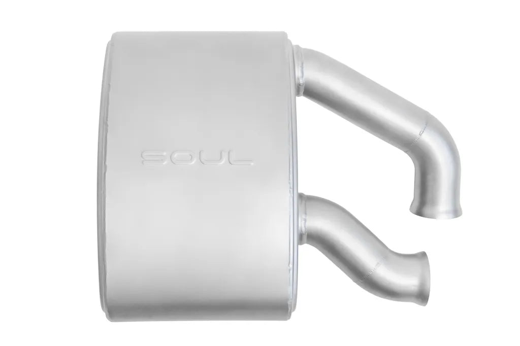 Side view of Soul Performance sport muffler in silver with Soul logo for Porsche 993 Carrera on white background.