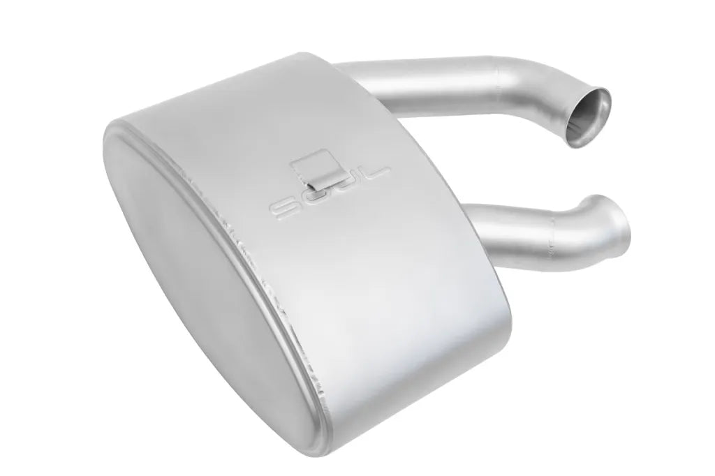 Soul Performance sport muffler in silver for Porsche 993 Carrera on white background.
