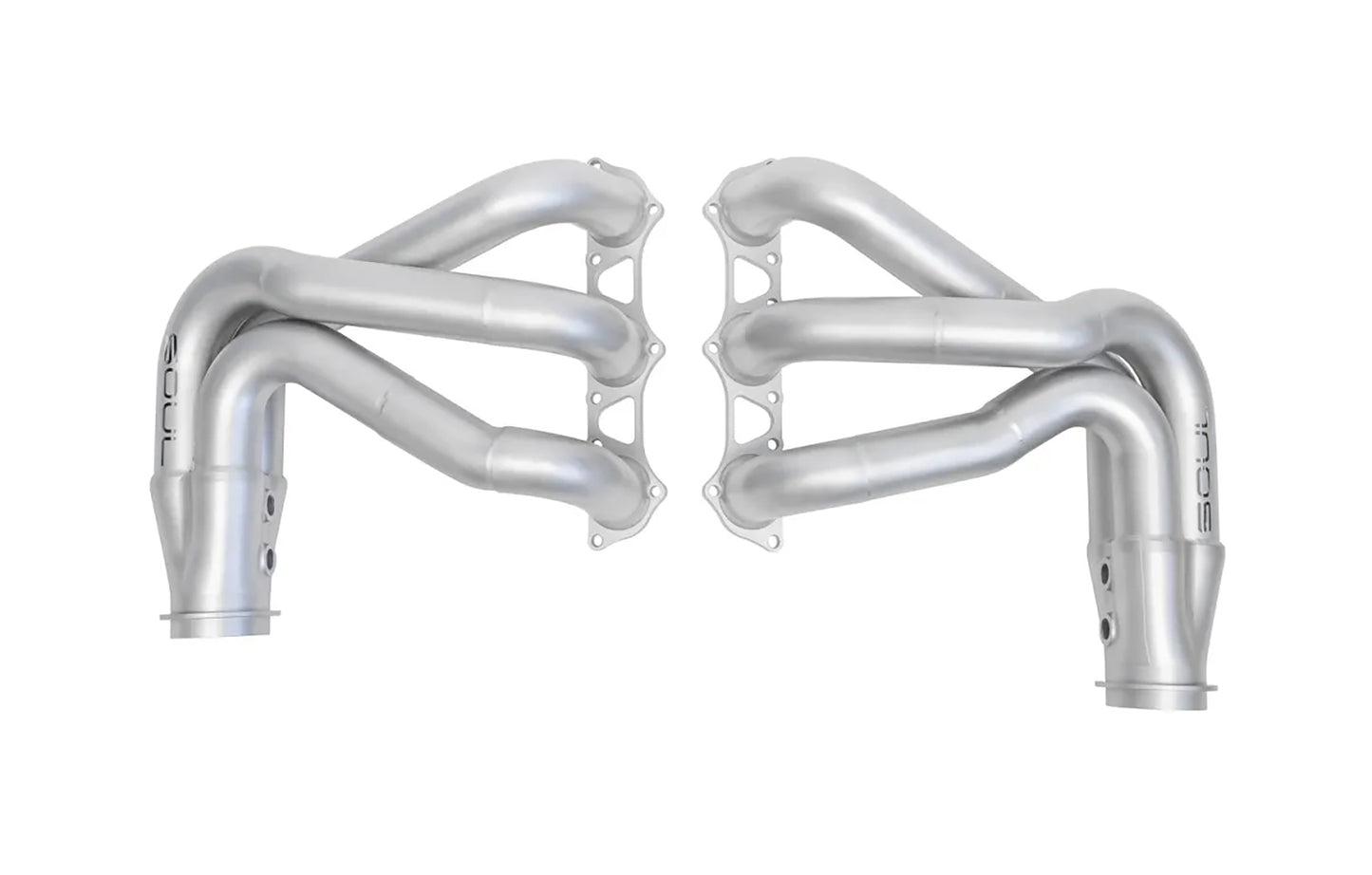 Pair of Soul Performance competition headers in silver for Porsche 997 911 GT3 on a white background.
