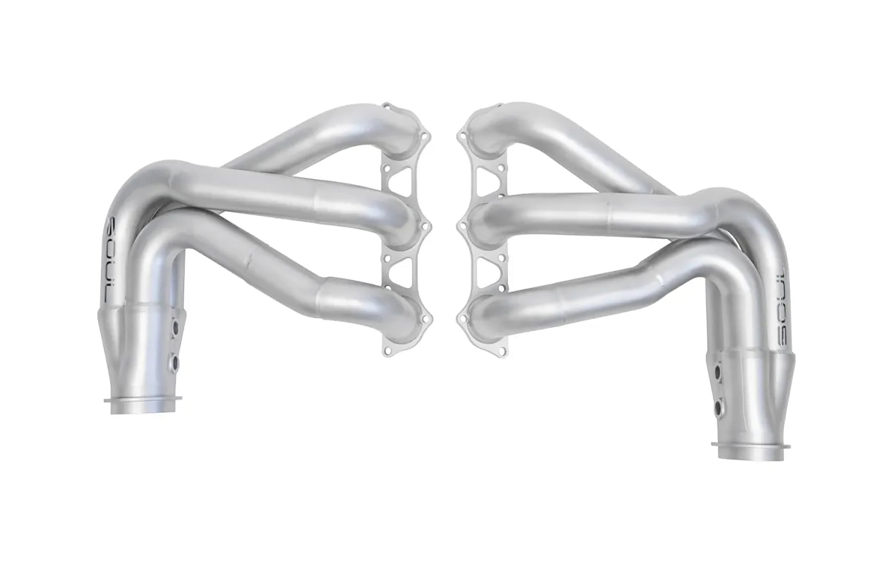 Pair of Soul Performance competition headers in silver for Porsche 997 911 GT3 on a white background.