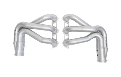 Pair of Soul Performance competition headers in silver for Porsche 997 911 GT3 on a white background.