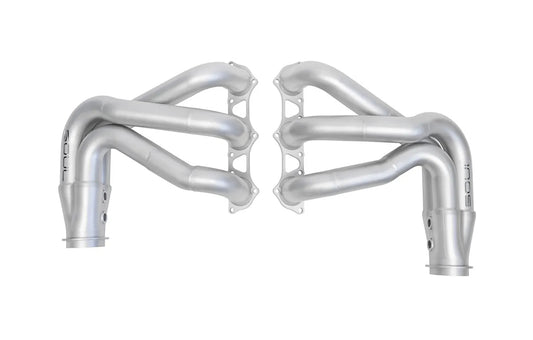 Pair of Soul Performance competition headers in silver for Porsche 997 911 GT3 on a white background.