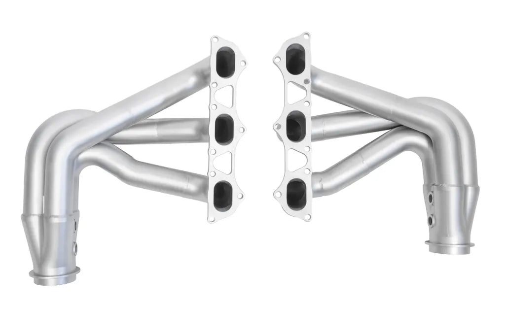 Pair of Soul Performance competition headers in silver for Porsche 911 GT3 on a white background.