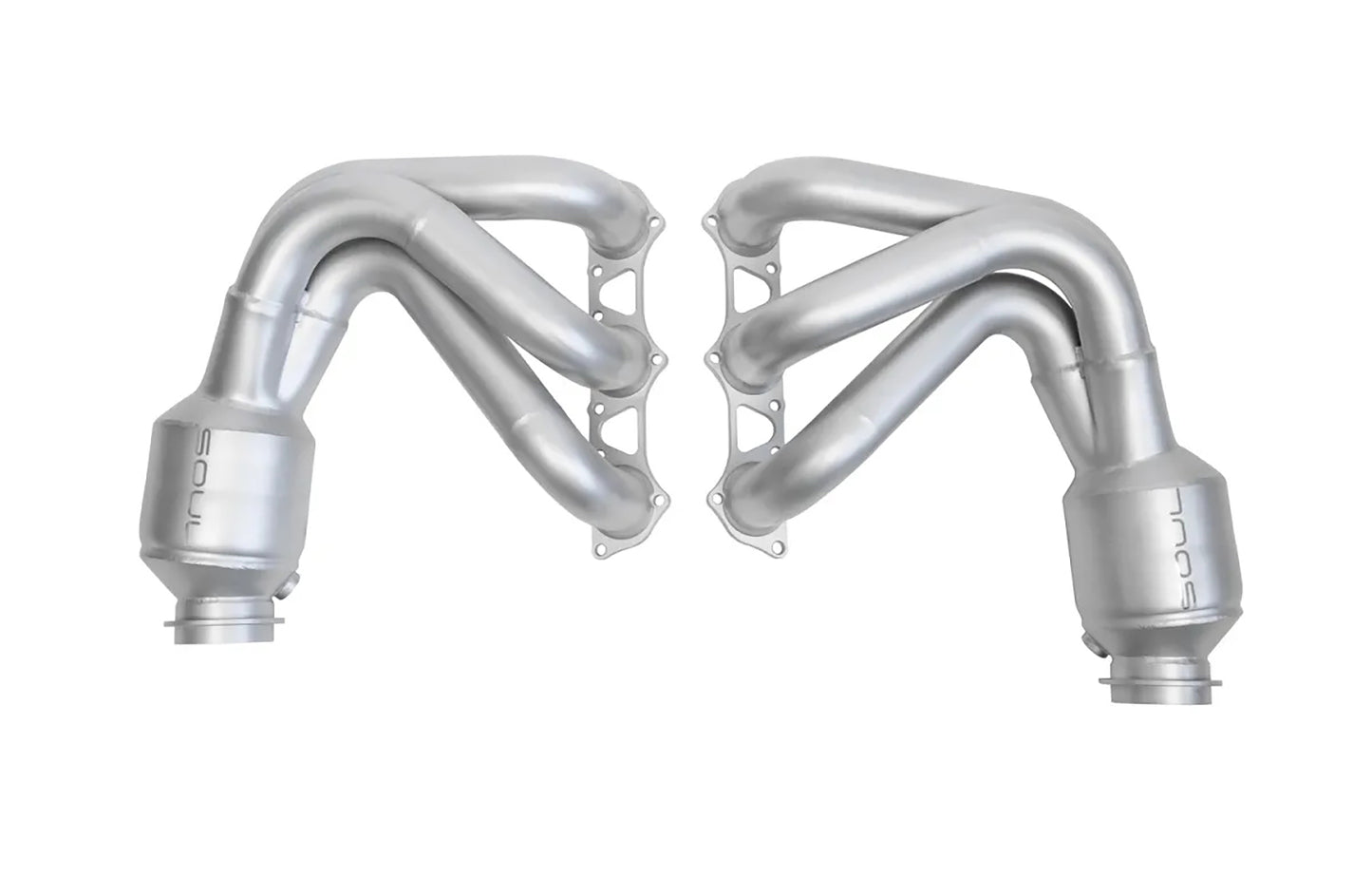 Pair of Soul Performance street headers in silver for Porsche 997 911 GT3 on a white background.