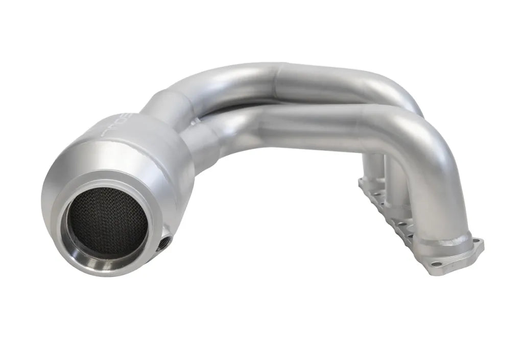 Soul Performance street headers in silver for Porsche 911 GT3 on a white background.