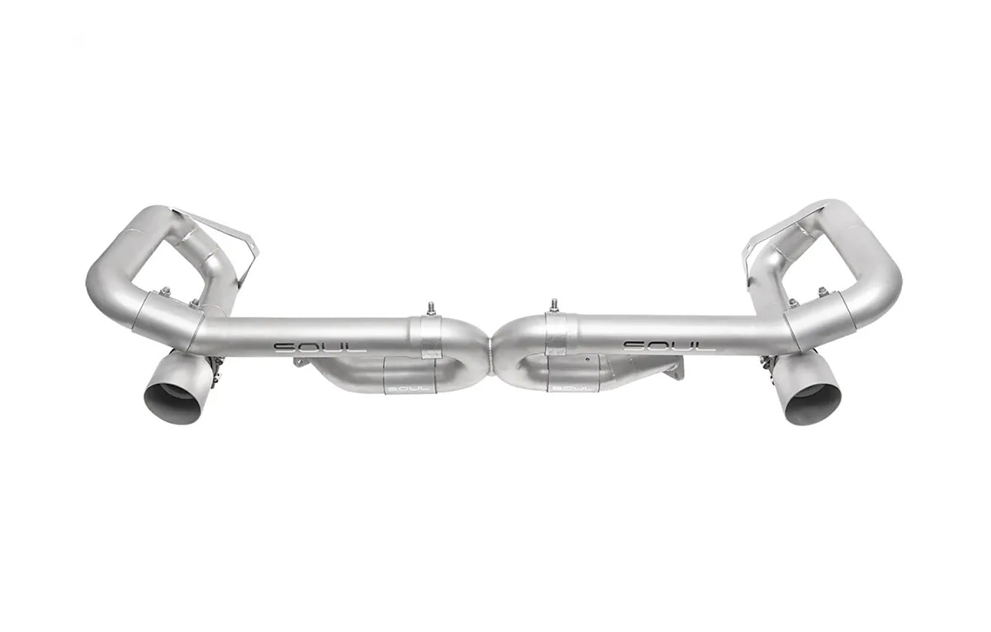 Soul Performance competition muffler bypass exhaust system in silver for Porsche 993 on a white background.