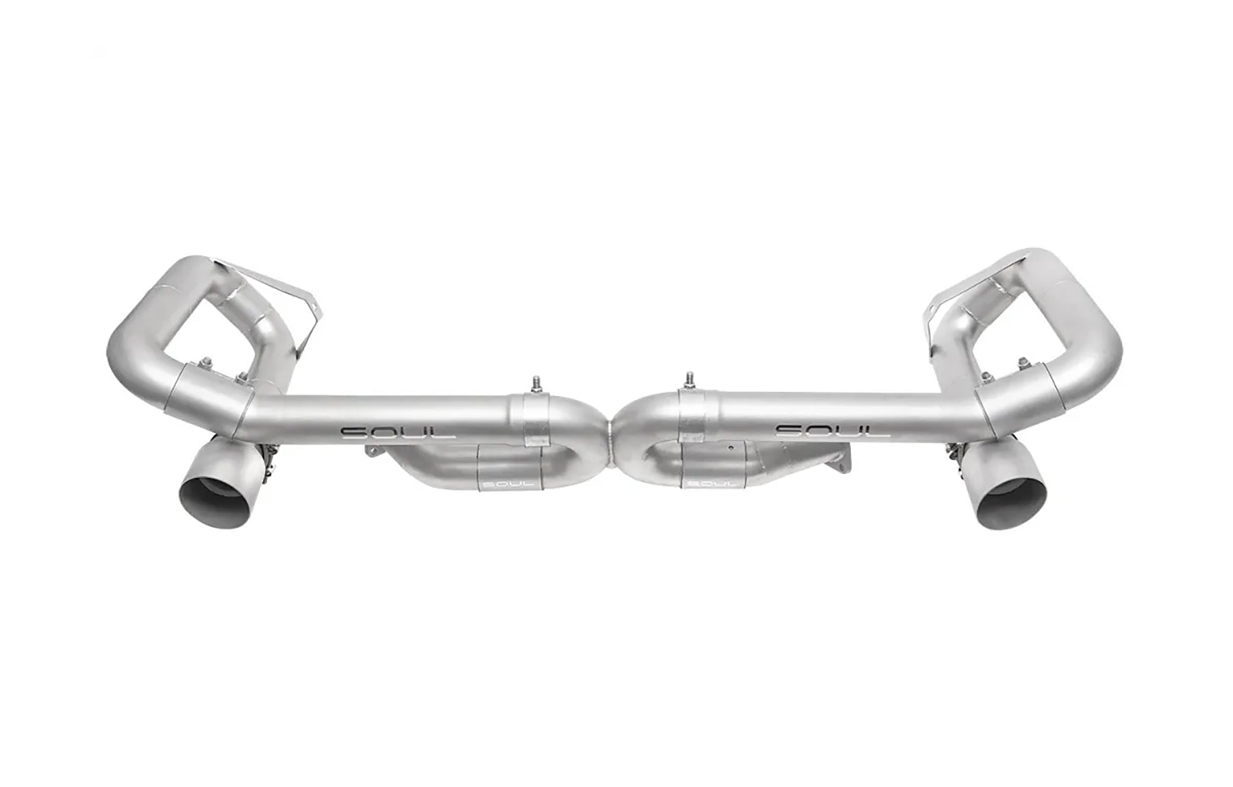 Soul Performance competition muffler bypass exhaust system in silver for Porsche 993 on a white background.