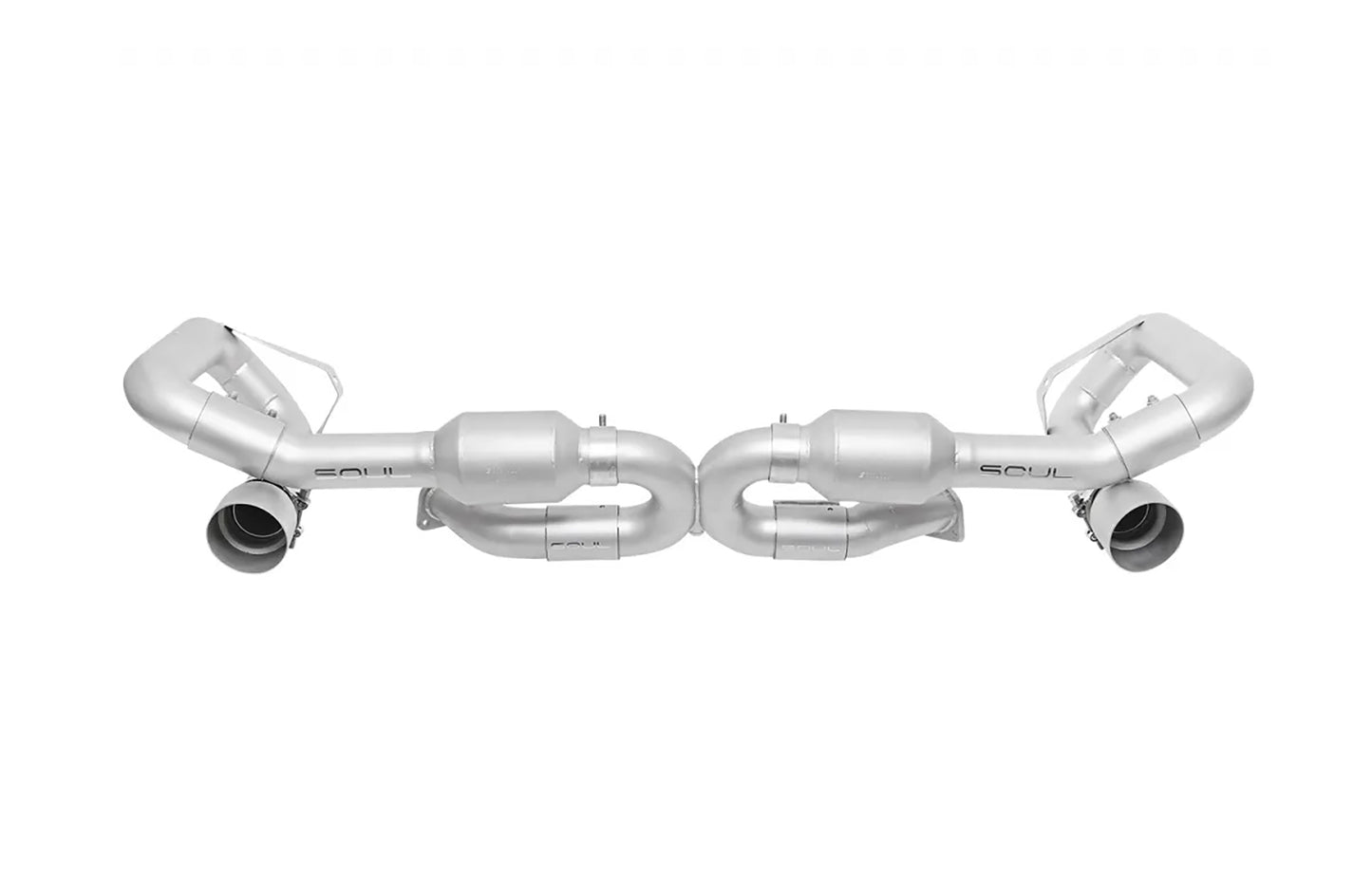 Soul Performance sport muffler bypass exhaust system in silver for Porsche 993 Carrera on a white background.