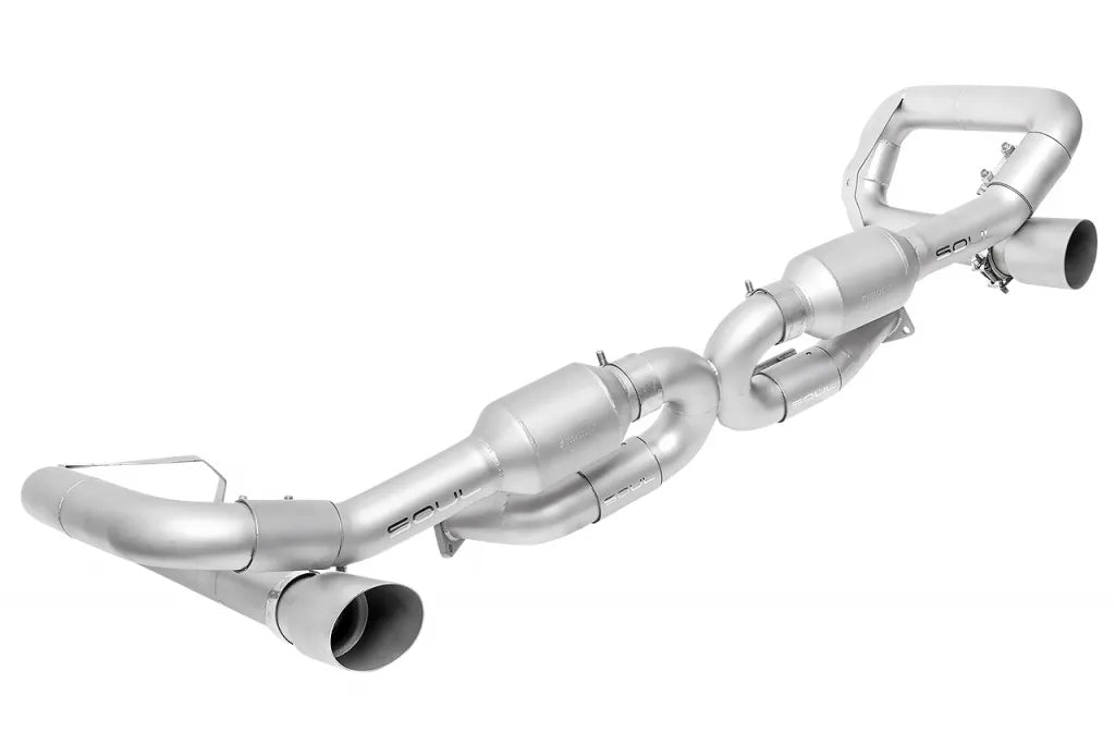 Soul Performance sport muffler bypass exhaust system in silver for Porsche 993 on a white background.