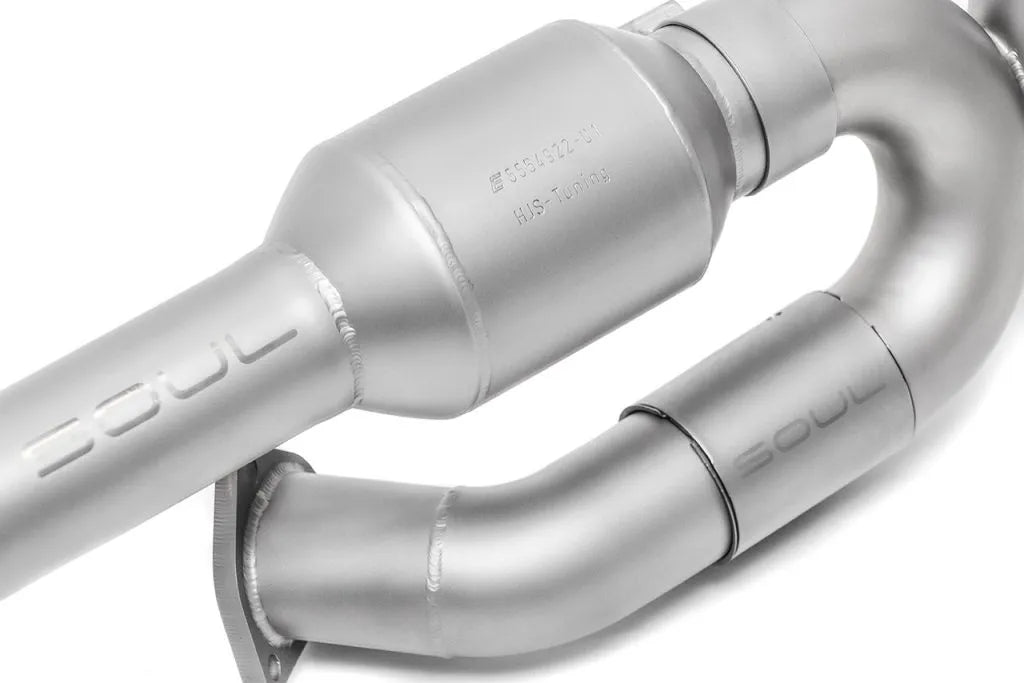 Close up of Soul Performance sport exhaust system resonator in silver for Porsche 993 on a white background.