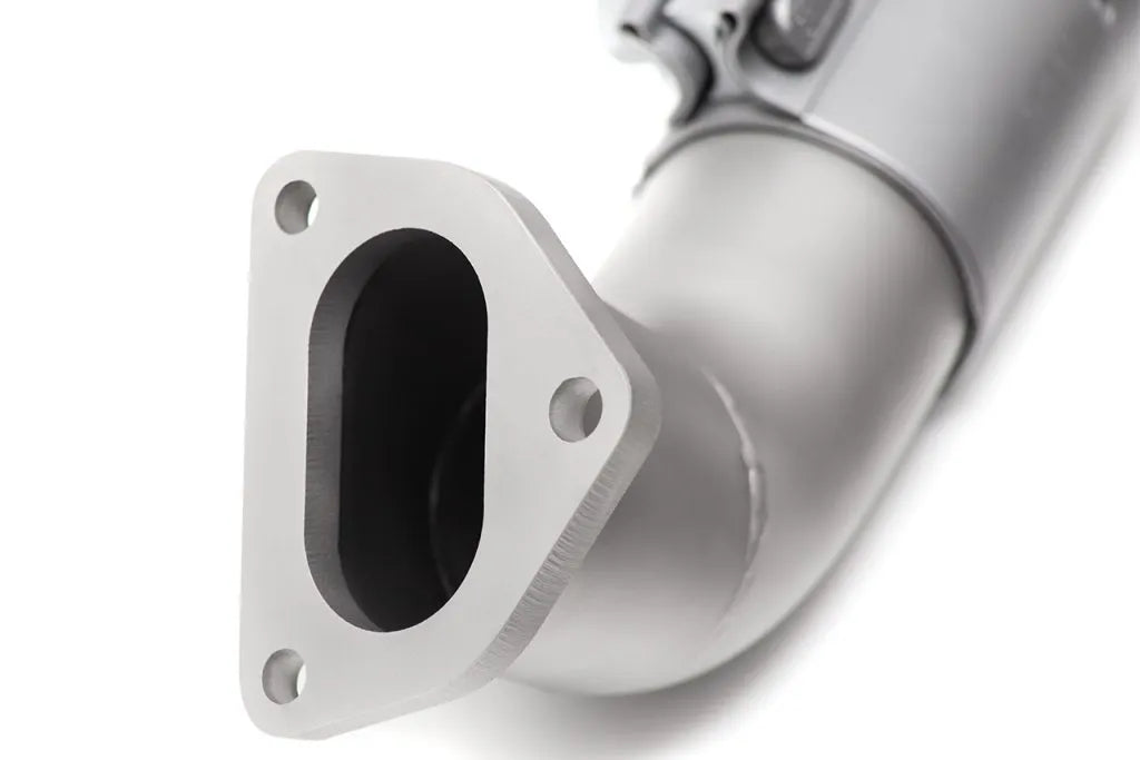 Close up of Soul Performance sport exhaust system flange in silver for Porsche 993 on a white background.