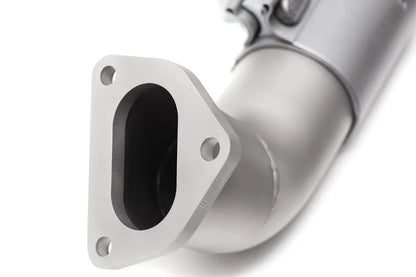 Close up of Soul Performance sport exhaust system flange in silver for Porsche 993 on a white background.