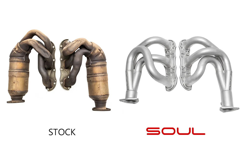 Comparison of stock and 'Soul' exhaust headers on a white background.