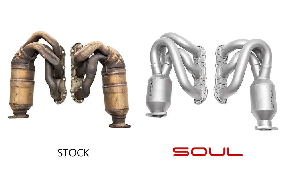 Comparison of stock headers and SOUL long tube street headers on a white background.