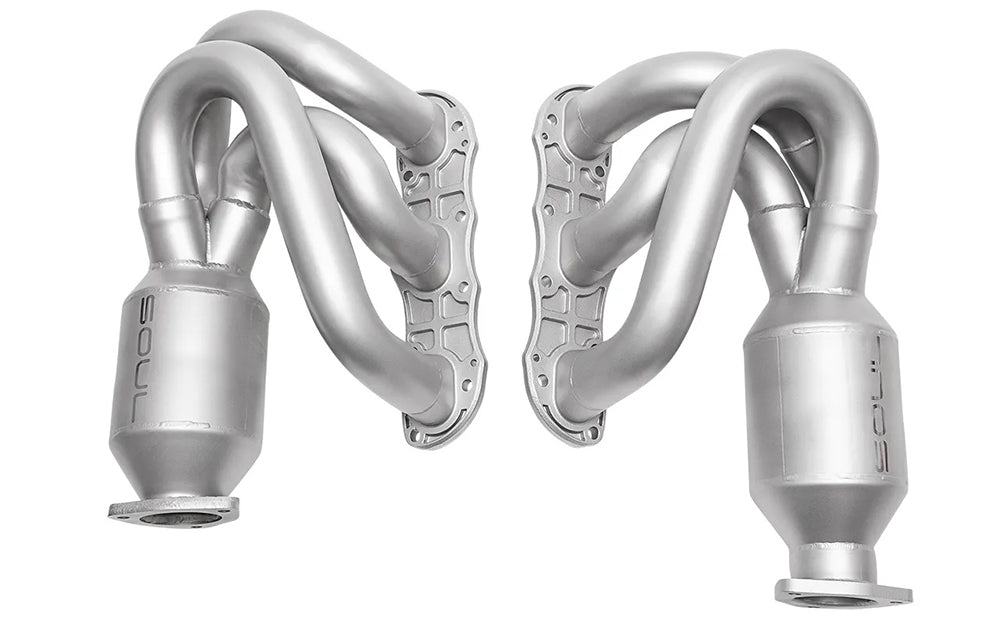 Soul performance long tube street headers for Porsche on a white background.