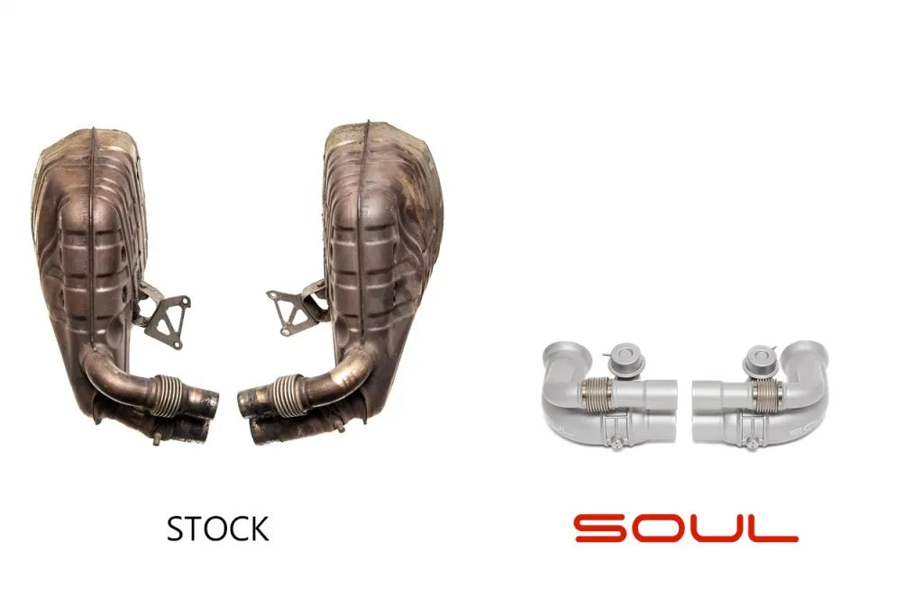 Comparison of stock and Soul Performance side muffler valved bypass exhaust pipes in silver for Porsche 911 GT3 on a white background. on a white background.
