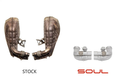 Comparison of stock and Soul Performance side muffler valved bypass exhaust pipes in silver for Porsche 911 GT3 on a white background. on a white background.