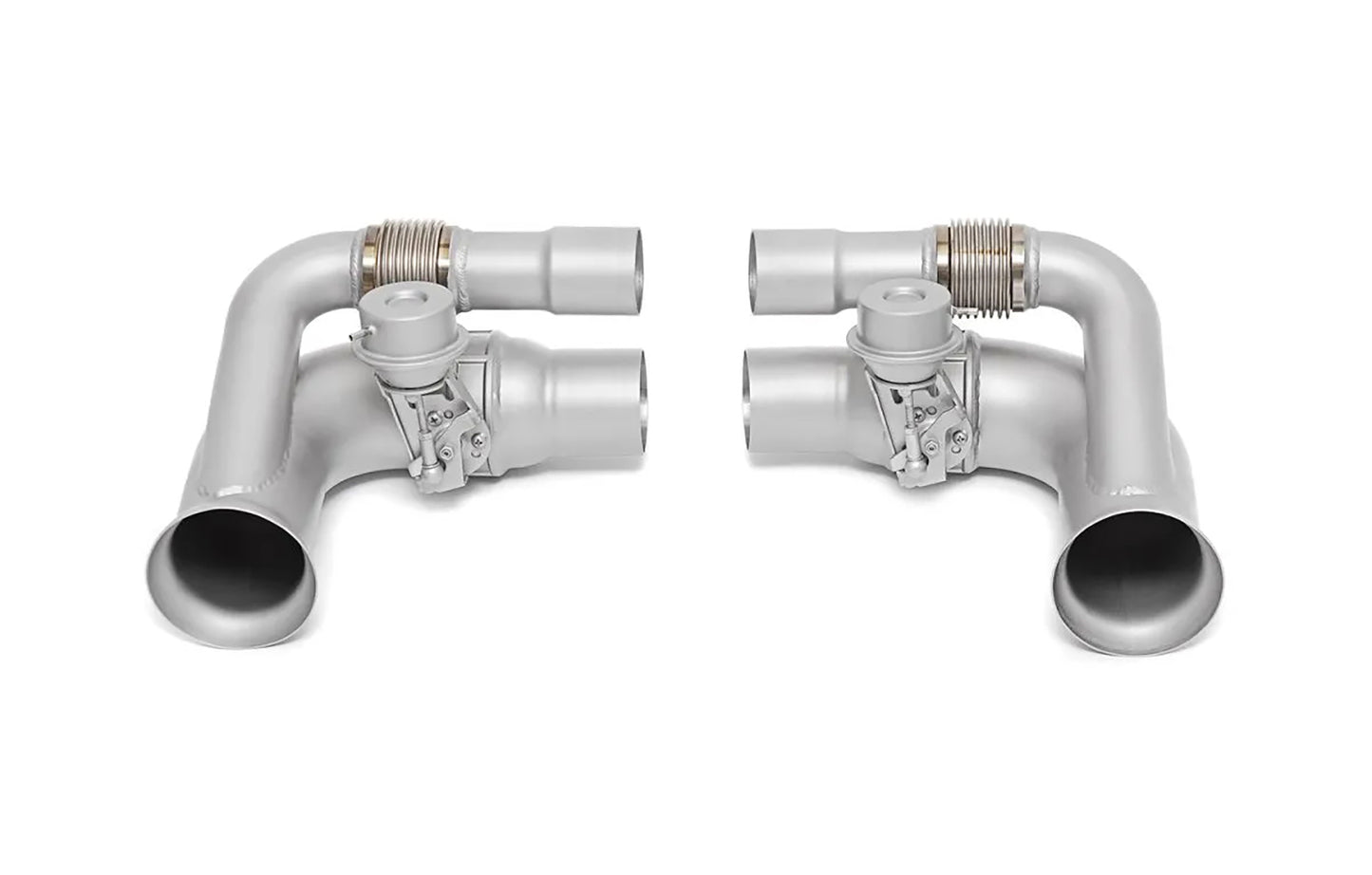 Pair of Soul Performance side muffler valved bypass in silver for Porsche 911 GT3 on a white background.