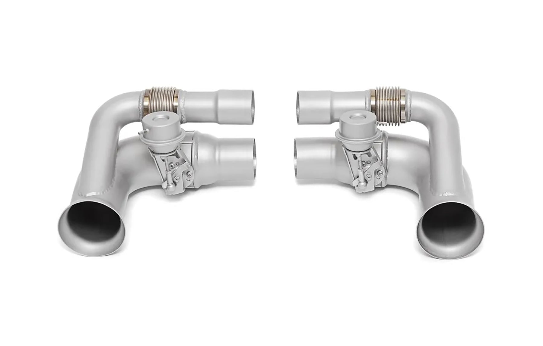Pair of Soul Performance side muffler valved bypass in silver for Porsche 911 GT3 on a white background.
