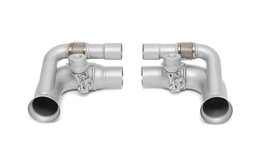 Pair of Soul Performance side muffler valved bypass in silver for Porsche 911 GT3 on a white background.