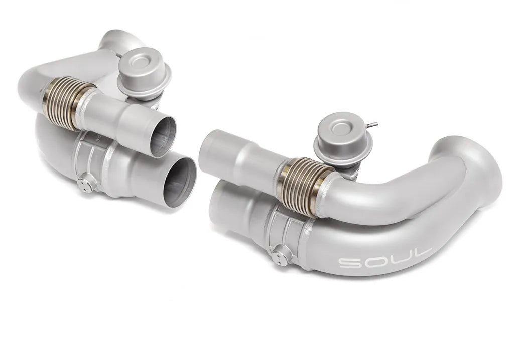 Pair of Soul Performance side muffler valved bypass exhaust pipes in silver for Porsche 911 GT3 on a white background.