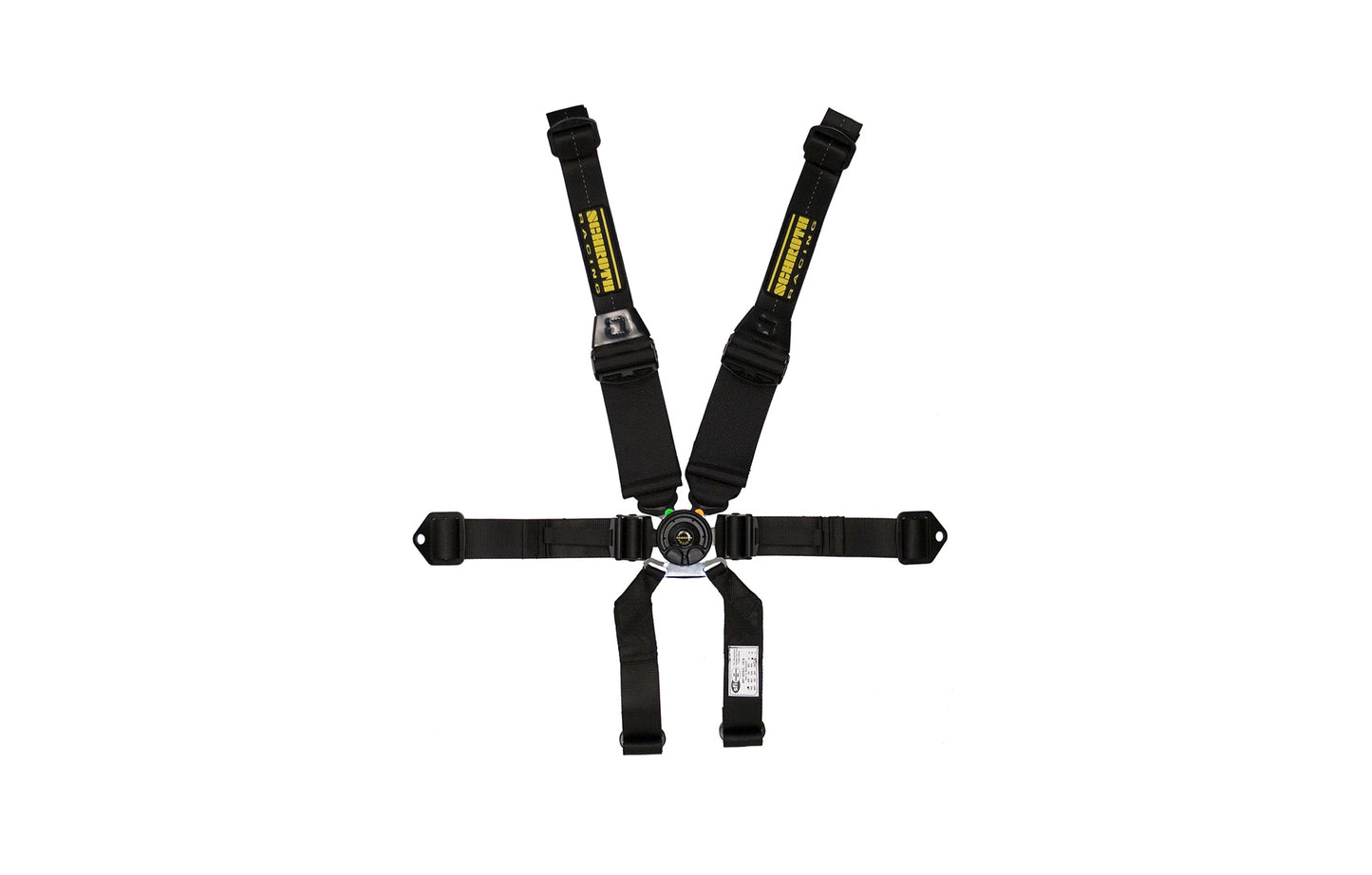 Schroth black six-point car seat harness with yellow logo on a white background.