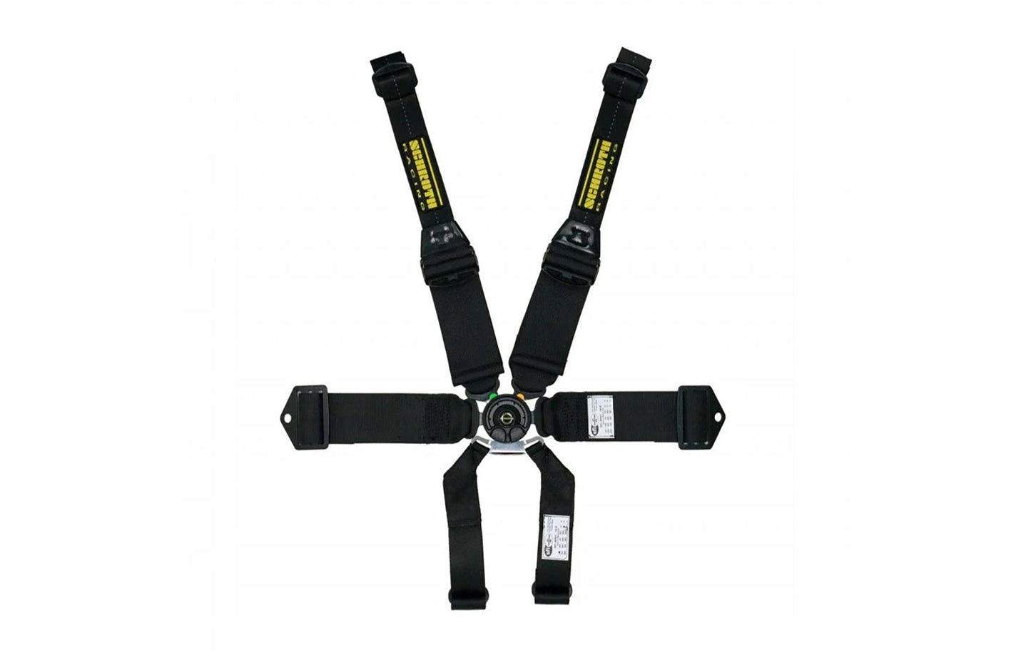 Schroth black six-point car seat harness with yellow logo on a white background.